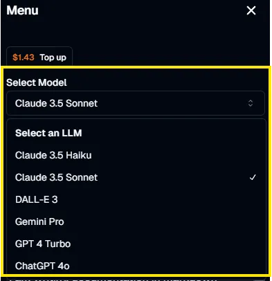 Select a LLM model from the drop down list